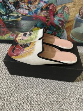 J. Crew White Embroidered Slip-On Mules with Multicolor Accents